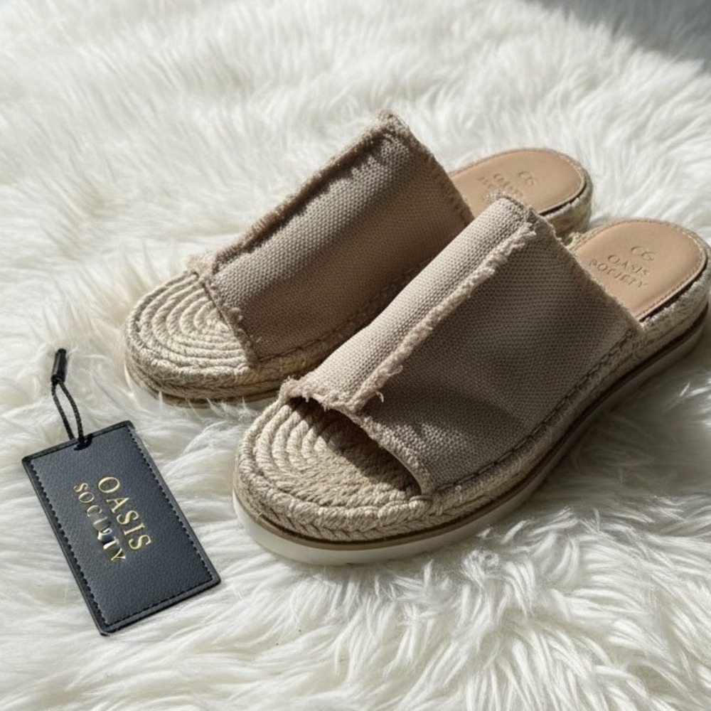 Oasis Society Womens Tan Frayed Canvas Espadrille Platform Slide Sandals Size 7